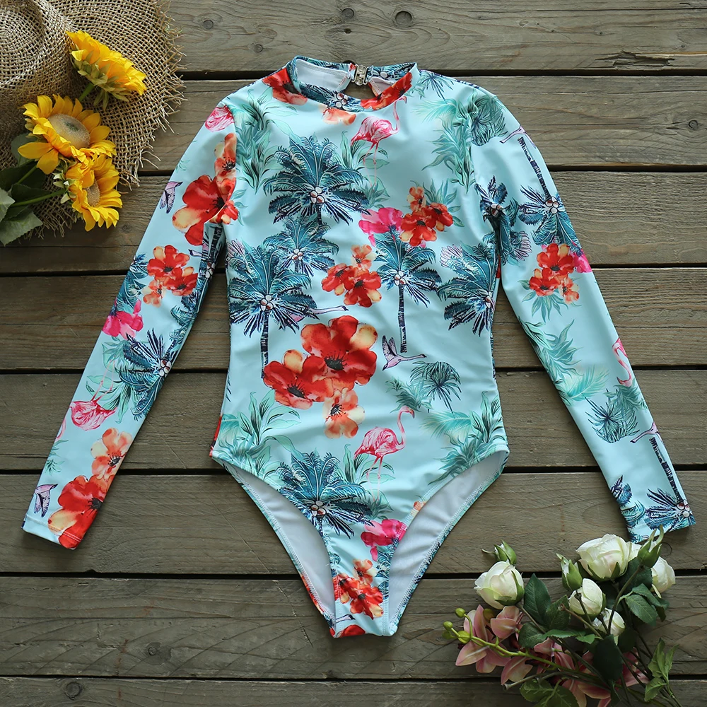 Swimsuit 2021 Long Sleeve Swimwear Women Swimsuit Backless Printed Bathing Suit Beachwea
