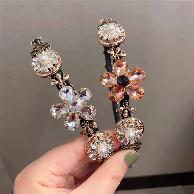 

Europe Golden Leaf Flowers Rhinestone Hairbands Baroque Vintage Alloy Bees Pearl Headbands Sweet Street Party Hair Accessories