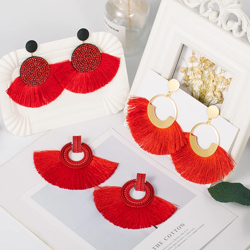 Женские богемные серьги-подвески с бахромой и кристаллами из хлопка шелка
