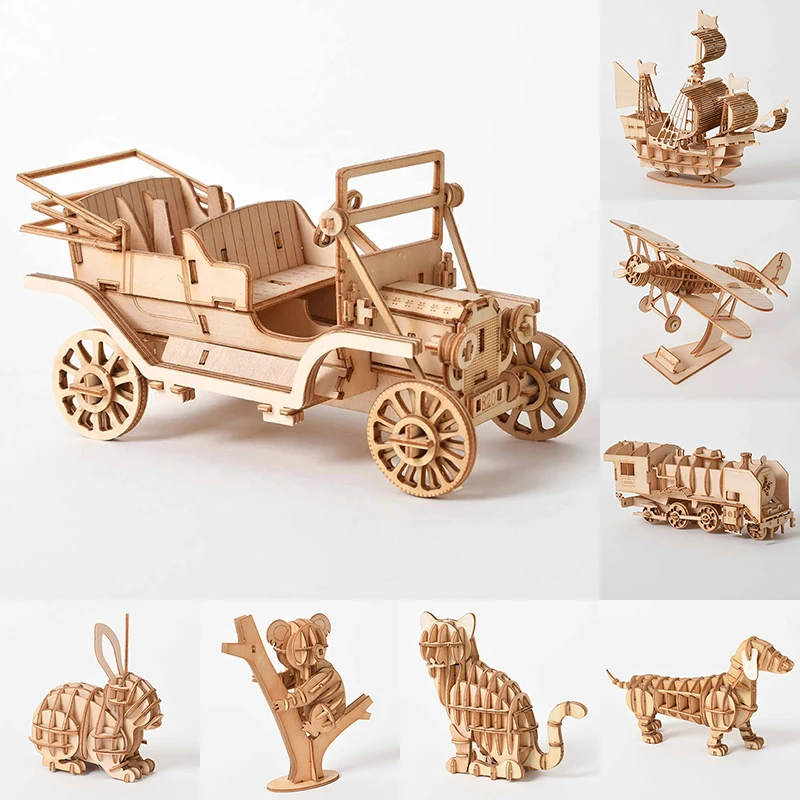 

3D Wooden Puzzle Model DIY Handmade Mechanical Toys For Children Adult Model Kit Game Assembly Model Ships Train Airplane Animal