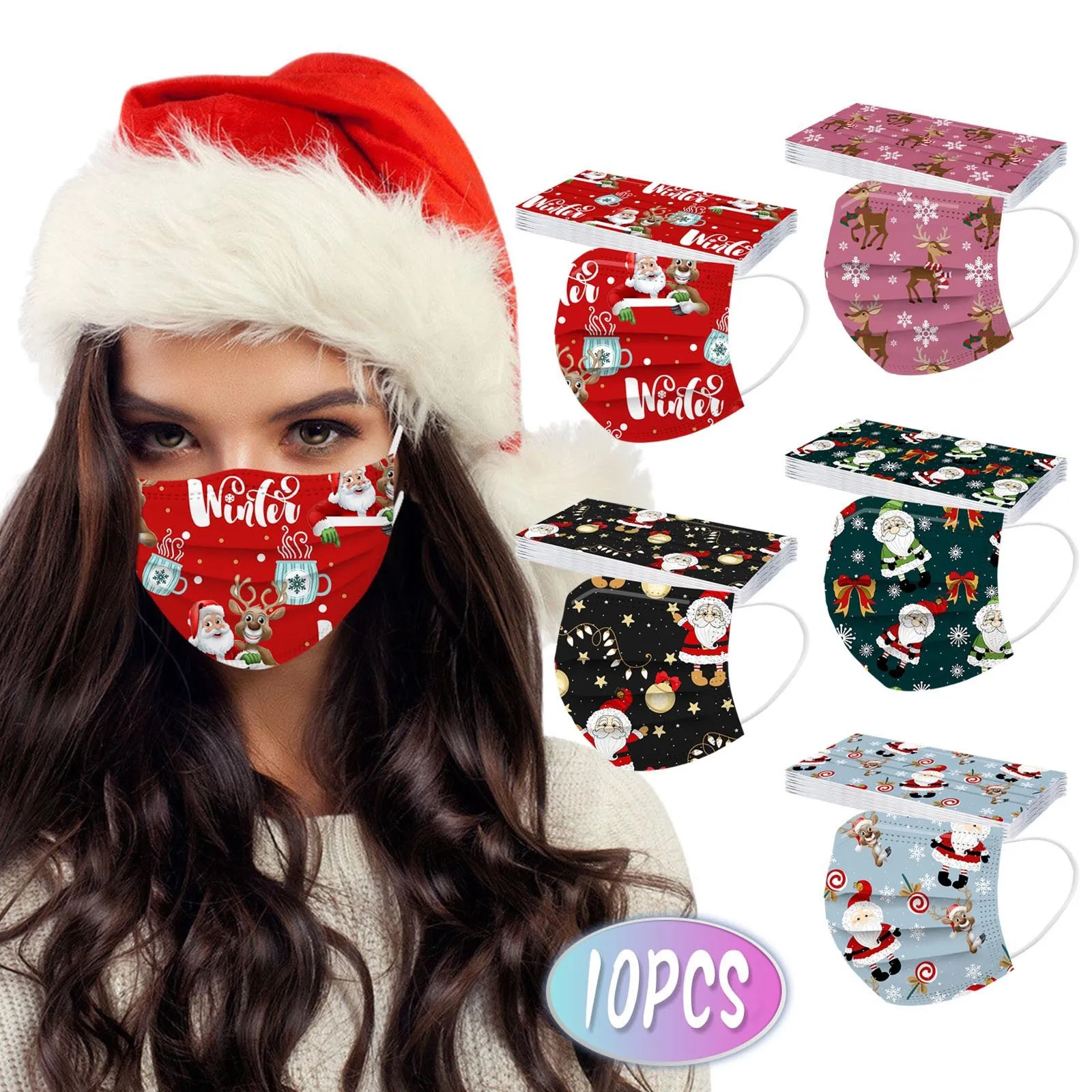 

10pc Christmas Face Mask Adult's Mouth Cover Disposable High Quality Spain Mascarillas Non-woven 3ply Earhook Fabric Facial Mask