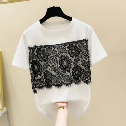 

Lace Stitching Short Sleeve Round Neck Cotton T-shirt Women's Summer Korean-Style Loose-Fit Tshirt Ladies Tops Female Clothes