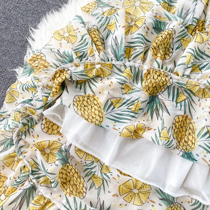 

Women Pineapple Fruit Print V-neck Short Flare Sleeve Lace Up High Waist Thin Ruffle Holiday Chiffon Dress Elegant Vestidos