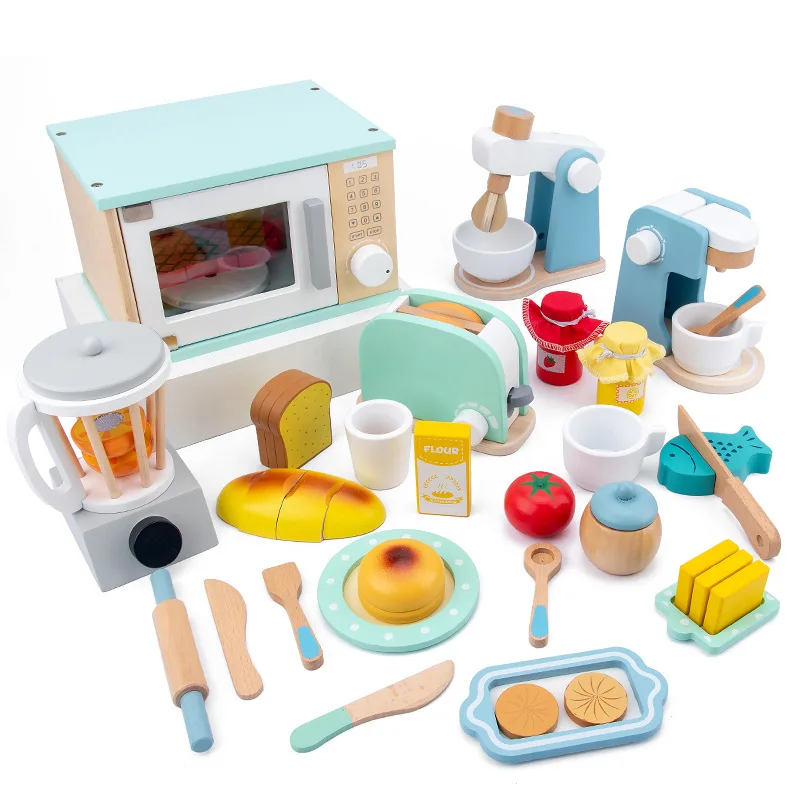 

Children's Wooden Simulation Kitchen Toy Set Play House Early Education Toy Bread Machine Coffee Machine Juicer Microwave Oven