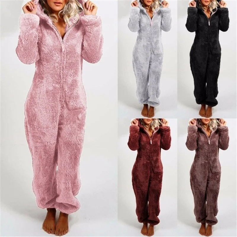 

Autumn and winter women's Plush thickened Plush Jumpsuit hooded pajamas