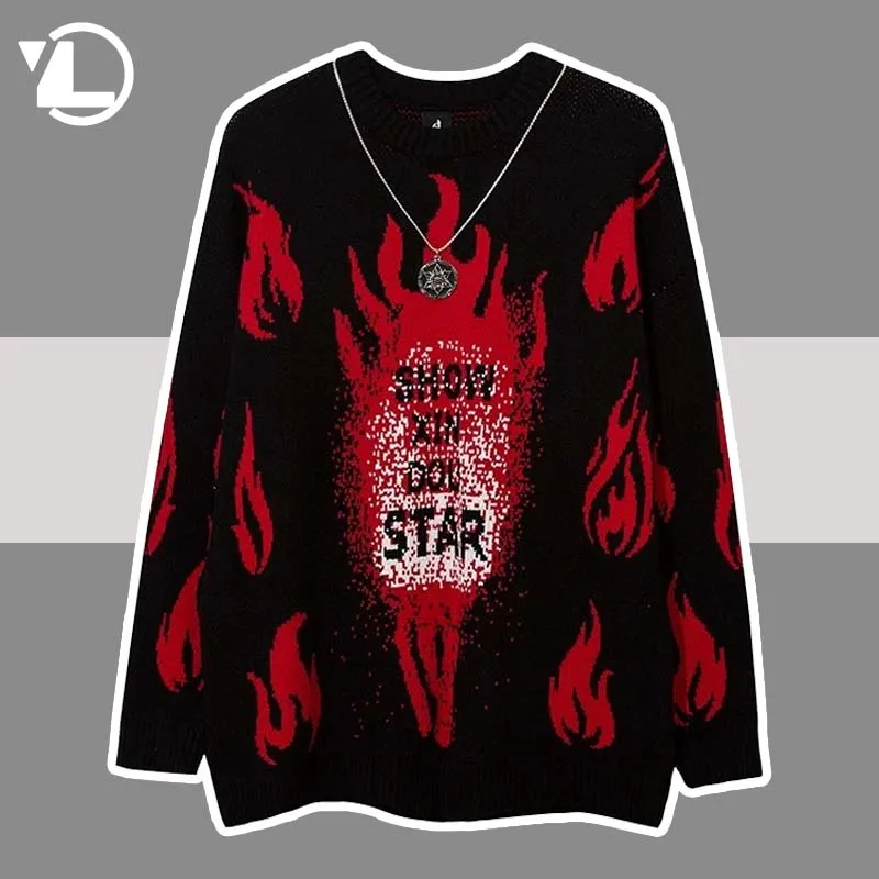 

Harajuku Flame Printing Knitting Sweaters Men Jumper with Chain Fashion Streetwear Oversized Punk Cotton Pullovers Women Autumn