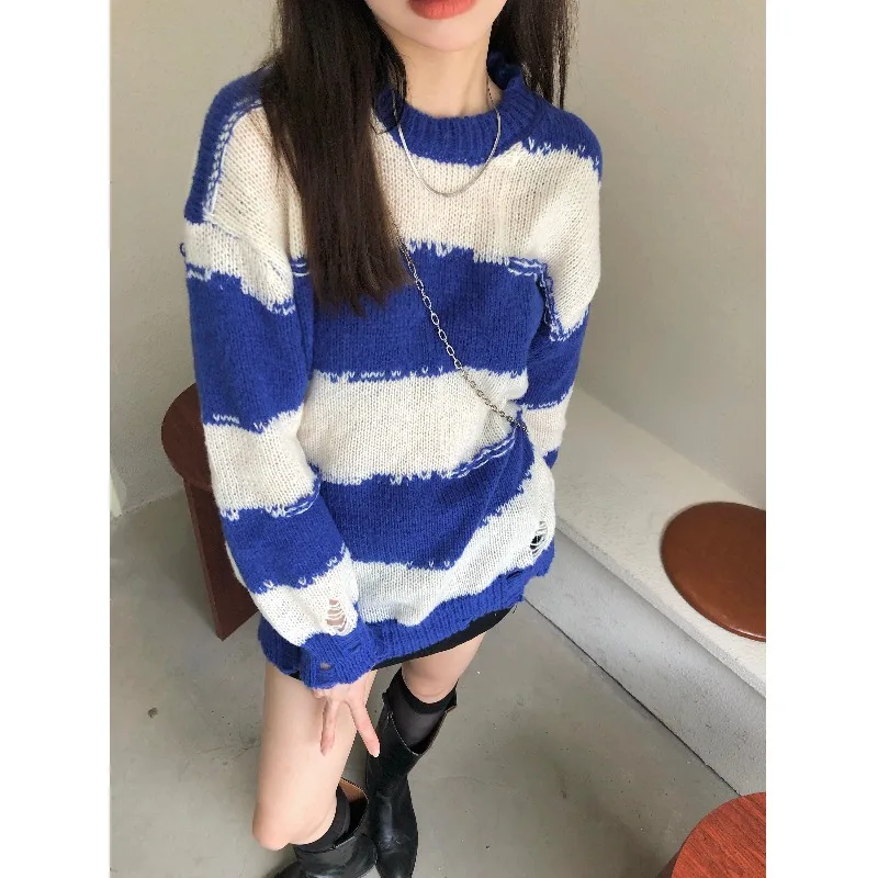 

y2k Hollow Out Striped Sweater Women's Early Autumn New Lazy Style Loose Thin Design Pullover Soft Warm Sweater Long Sleeve Top
