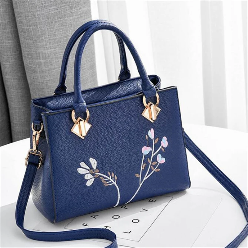 dark blue Gusure сумка с вышивкой для женщин, сумки через плечо, женские Сумки из искусственной кожи, сумки через плечо с верхней ручкой, женские сумки с цветами - Цвет: dark blue