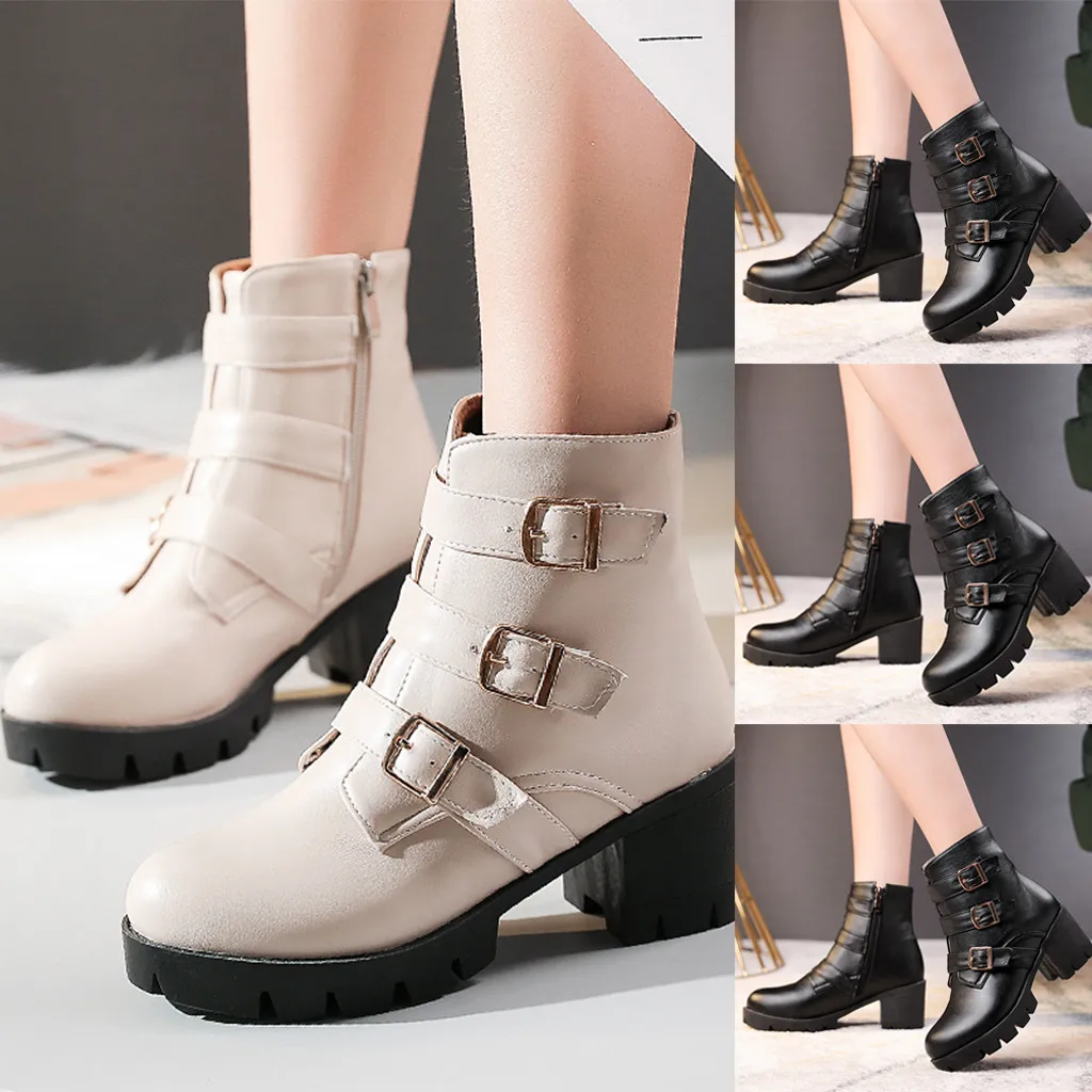 Осенне-зимние ботинки модные однотонные на молнии с круглым носком винтажные