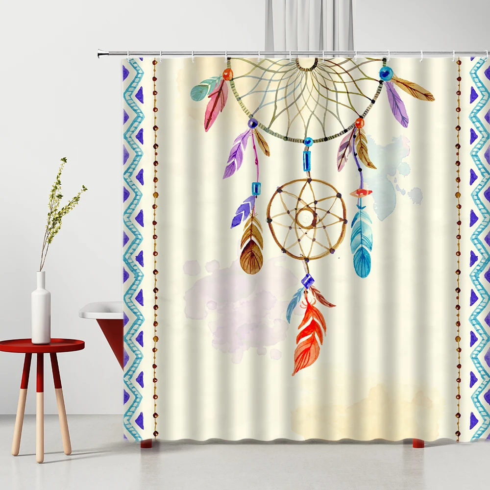 

Shower Curtain Colorful Bohemian National Style Feather Printed Pattern Bathtub Decor Hanging Curtain Multiple Size With Hooks