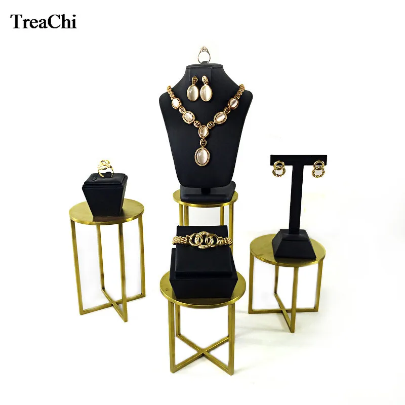 

Portable Stainless Steel Jewelry Window Counter Showcase Black PU Necklace Bust Ring Earing Stud Watch Display Stand 52*38*23cm
