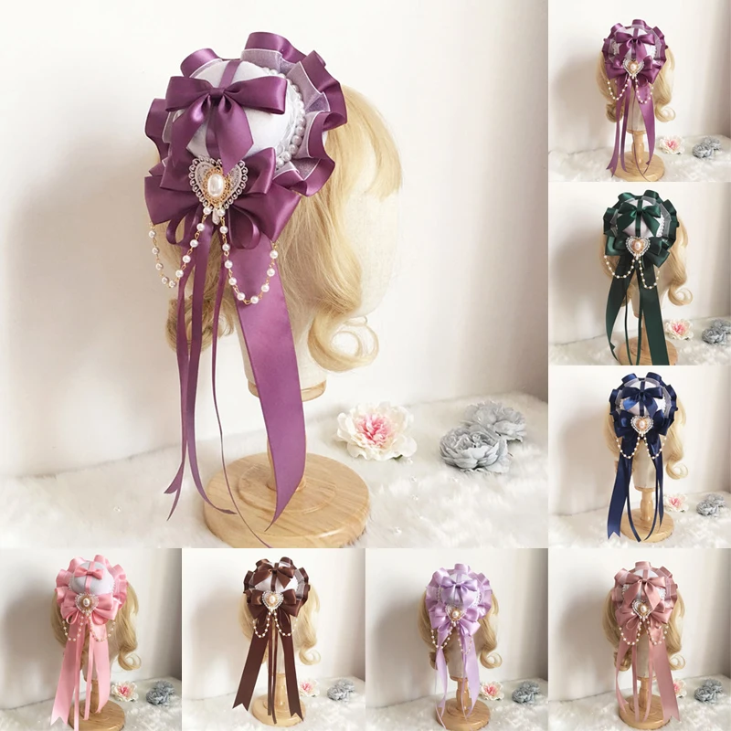 

Women Lolita Bowler Hat Bow Heart Shape Pearl Tassel Lace Hair Clips Cosplay Anime Tea Party Headdress Ribbons Bonnet