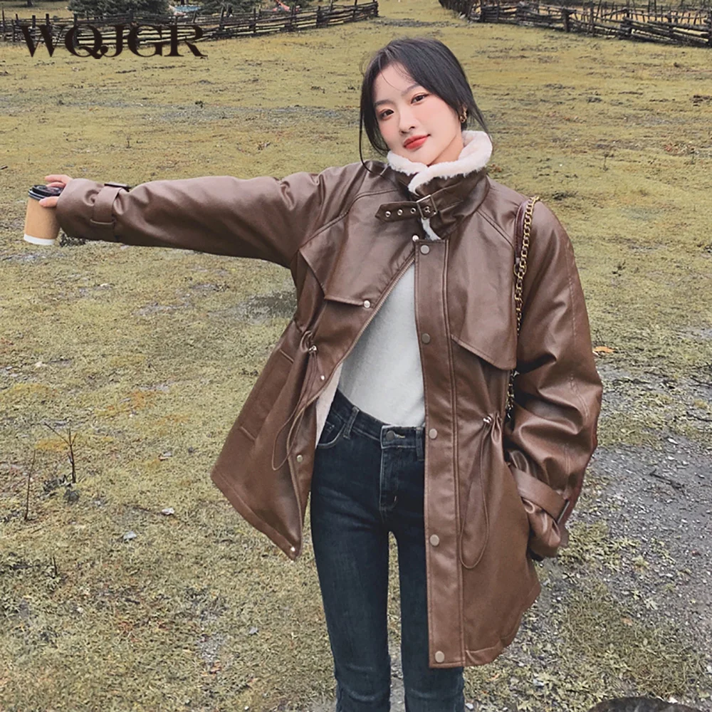 WQJGR Faux Fur Coat Oversize Lambswoo Full Sleeve Turn-down Collor Brown PU Winter Jacket Women Casual 2022