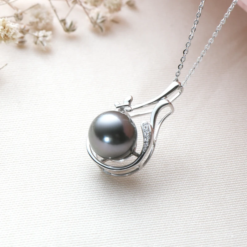 売る Lnngy 18 18k純金のネックレス9-10タヒチスパイラル黒真珠ネックレス半バロックネックレスとシルバーチェーン女性のギフト