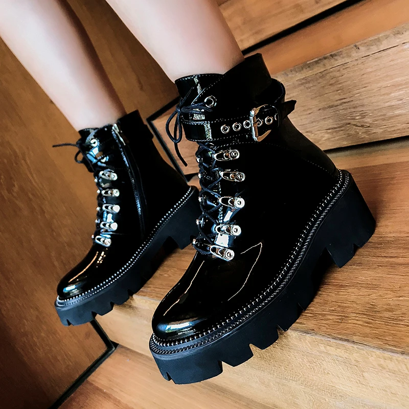 

Classic Ankle Boots Genuine Leather Lace Up Chunky Heels boots For Women Winter buckle Working Casual motorcycle Shoes Woman
