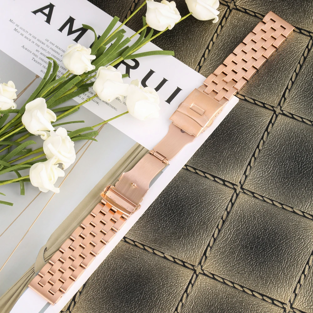 

Watchband 20mm 22mm Stainless Steel Rose Gold Watch Bracelet High Quality Watches Strap Folding Clasp with Safety pasek do zegar
