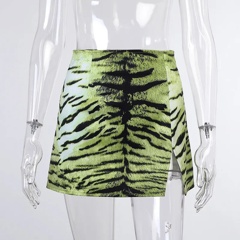 

Women's Sexy High Waist Split Mini Skirt Tiger Stripe Pattern A-line Split Slim Mini Skirt Short Club Party Casual Skirts Female