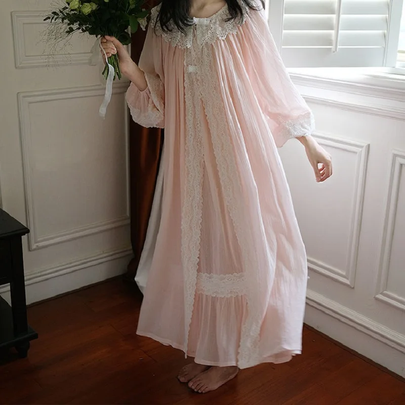 Винтажный хлопковый женский халат белый кружевной Ретро стиль Длинное ночное
