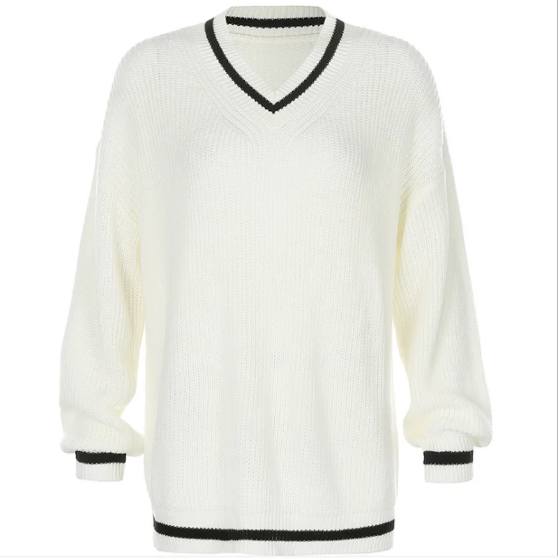 

White New Casual Stitching Contrast Color V-neck Shirt Simple and Thin Loose Long-sleeved Sweater Women Retro Streetwear 2021