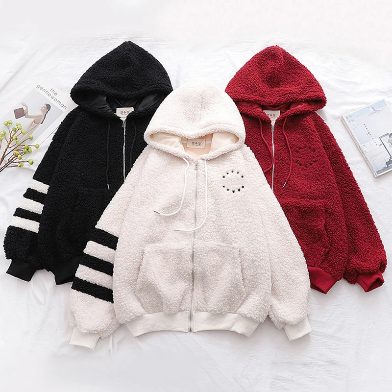 

2020 Trend Women Hoodie Japnese Style Loose Plus Size Plush Tops Fashion Girls Zipper Hooded Lamb Wool Coat