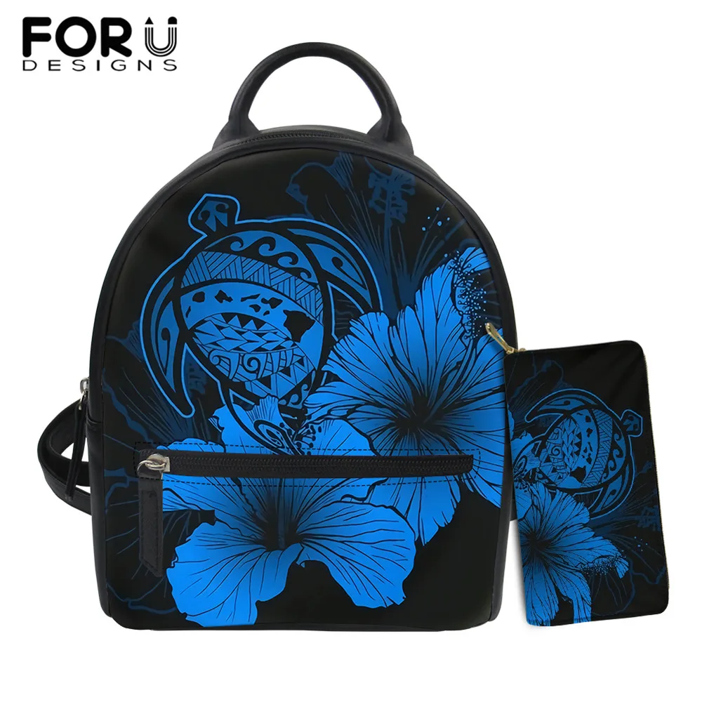 

FORUDESIGNS Blue Hawaii Hibiscus Turtle Print Backpack And Purse 2Pcs Set for Women's Casual Mini Shoulder Bags Bolsa Femininas