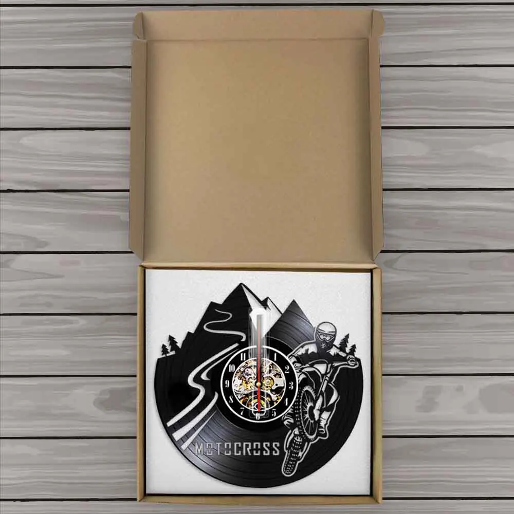 Motocross Racing Wall Clock Motocycle Riders Vinyl Record Bike Boy Cut Out Longplay Watch Non Ticking With Light | Дом и сад