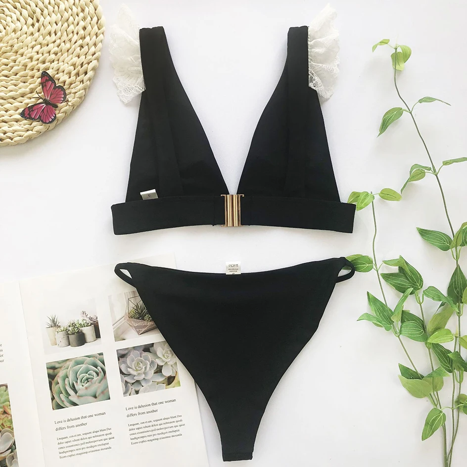 

Sexy Lace Bikini 2021 Women`s Swimsuit Black Thong Bikinis Set Summer Female Beachwear Swimming for Swimwear Woman Bathing Suit