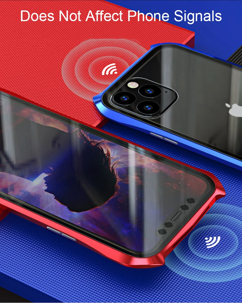 Двухсторонний задний+ передний стеклянный Магнитный чехол для Apple iPhone 11 Pro Max Роскошный Алюминиевый металлический бампер 360 Защитный чехол с петлей