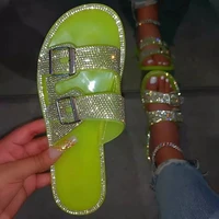plus size round toe flat womens slippers casual rhinestone solid jelly women sandals comfy rubber sole beach woman slide 2021