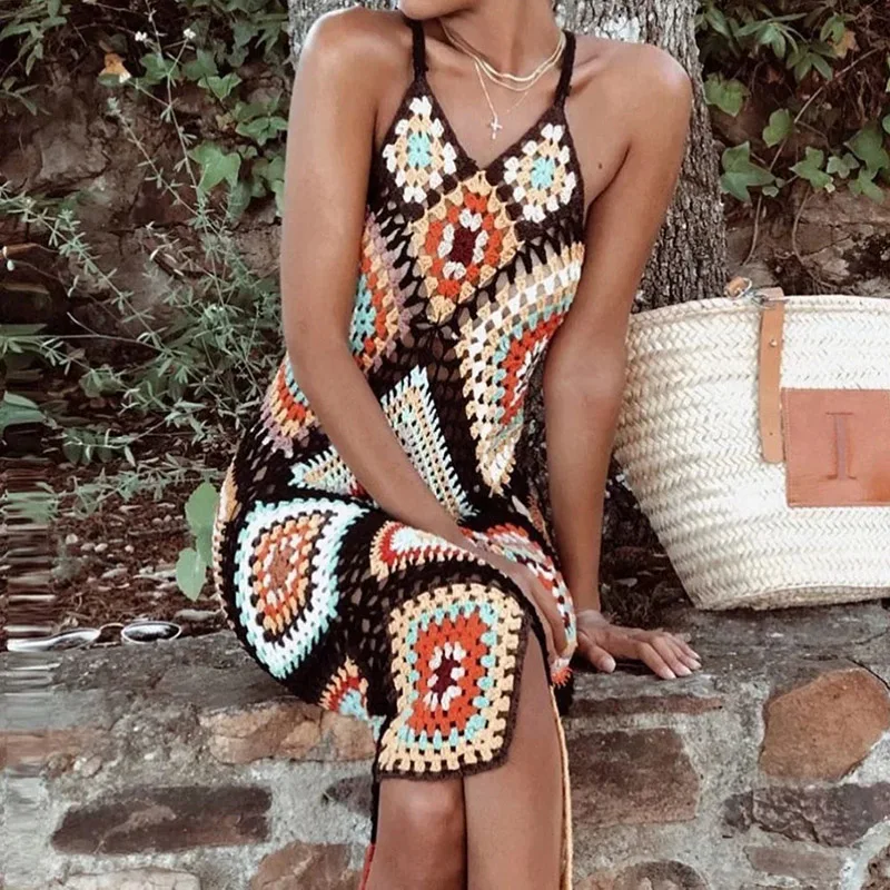 

Unique Design Women Cotton Hollow Out Knee Length Summer Slip Dresses Sleeveless Vintage Style Beach Dresses Ladies Sundress