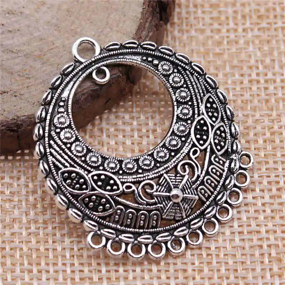 

Earring Charms For Jewelry Making 4pcs Hollow Round Porous Earring Connector 38x34mm Antique Silver Plated