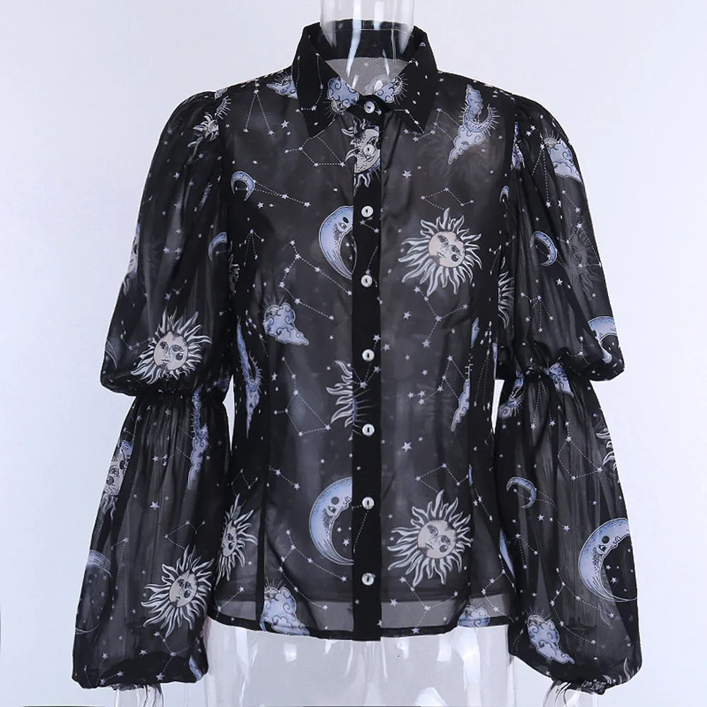 Сексуальная шифоновая блузка женские топы весна Готическая луна звезды солнце