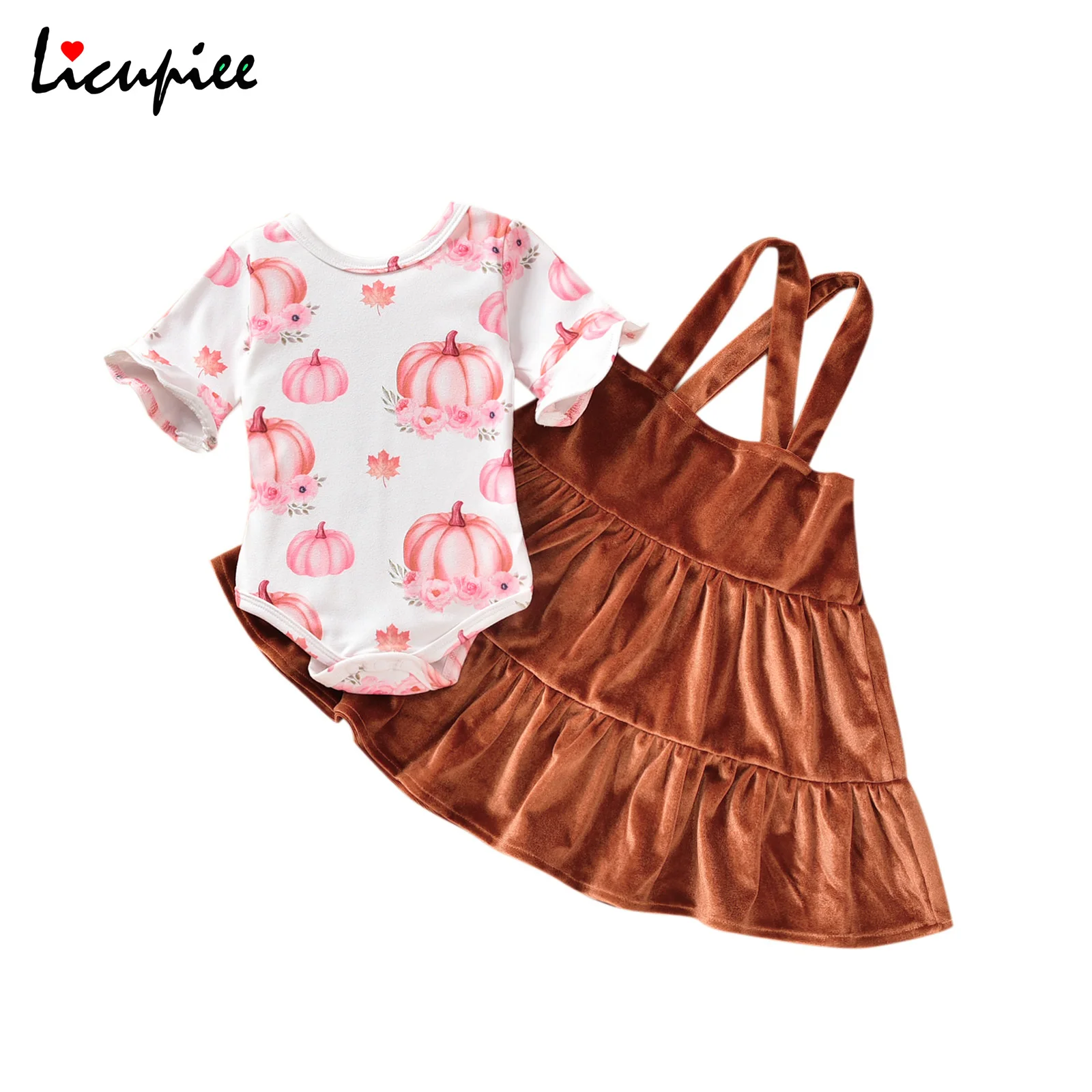 

0-24 Months 2pcs Baby Girls Outfit, Summer Pumpkin Floral Printing Flare Short Sleeve Round Collar Romper + Suspender Skirt Set