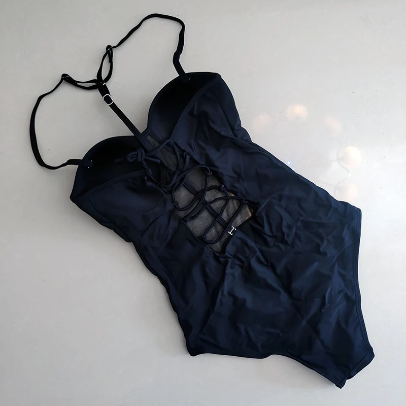 Сплошной сетчатый женский купальник монокини с вырезами и пуш-ап со шнуровкой на