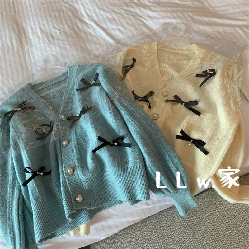 

Vintage Solid Ruffles Kawaii Cardigan Korean Fashion V Neck Long Sleeve Sweater New Single Breasted Cropped Long Sleeve Cardigan