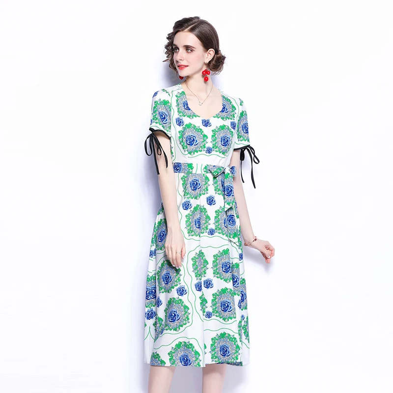 

Vetement Femme 2021 Newest Summber Dress V-Neck Vestidos De Verano Palace Floral Print Puff Sleeve Elgant Party Midi Dress