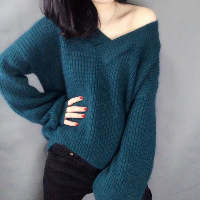 

Women's Jumper Spring Autumn Solid V Neck Long Sleeve Casual Loose Ladies Sweaters Elegant Knitted Wear Female Pullover
