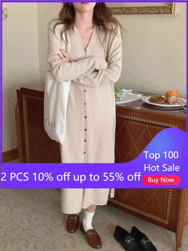 

Женское вязаное платье с v-образным вырезом, свободное повседневное мягкое платье-свитер с длинным рукавом, элегантное платье с v-образным в...