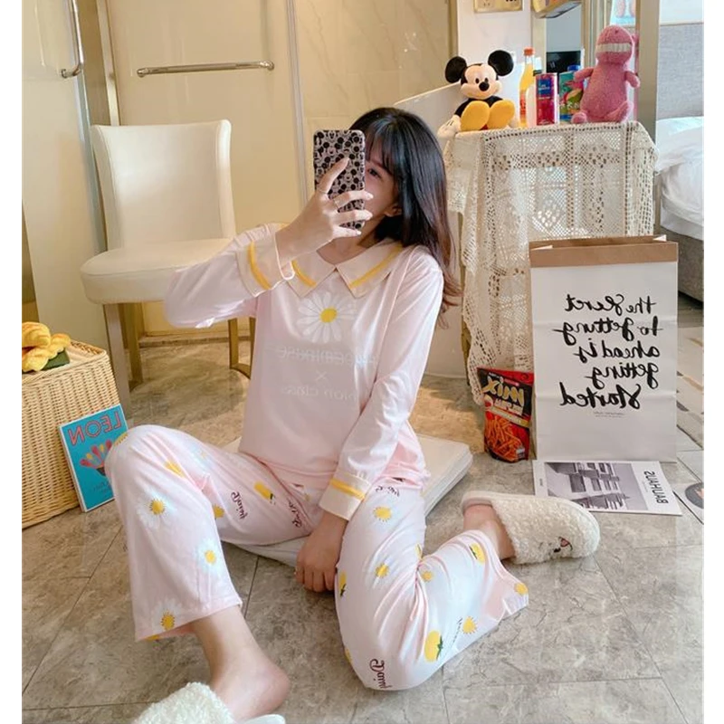 

2Pcs/Set Korean Style Women Kawaii Pajamas Autumn Loose Print Sleepwear Long Sleeve Plus Size Comfortable Casual Homewear Suit