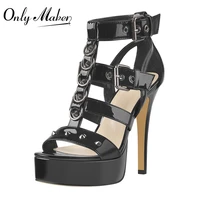 onlymaker summer womens platform sandals black patent leather rivet geometric metal buckles cover heel thin high heels shoes