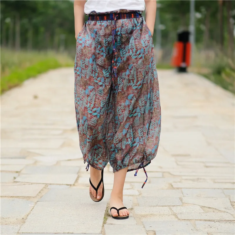 New Literary Ramie Printing Wide Leg Pants Elastic Waist Trousers Drawstring Waist Loose Women's Cropped Trousers K138