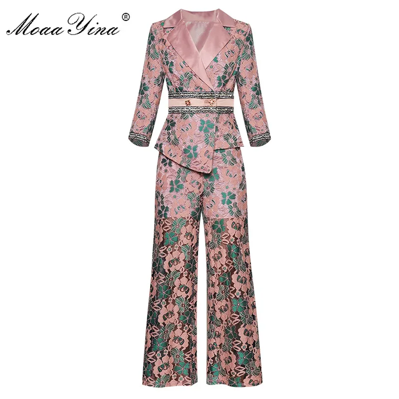 MoaaYina Fashion Designer Set Autumn Winter Women 3/4 sleeve  Asymmetrical Suit Tops+Straight trousers Lace Print Two-piece suit