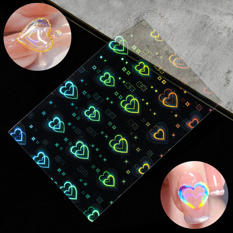 

2 Sheets Aurora Laser Loving Heart & Star 3D Nail Stickers 11*7cm Holographic Glitter Winter Self Adhesive Decals DIY Decoration