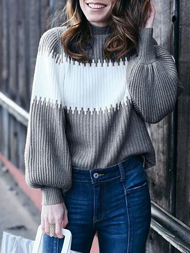 

Autumn Winter New Women's Knitted Sweater Casual Y2K High Neck Pit Stripe Contrast Sweater Thick Warm Sweater Pullover Base Top