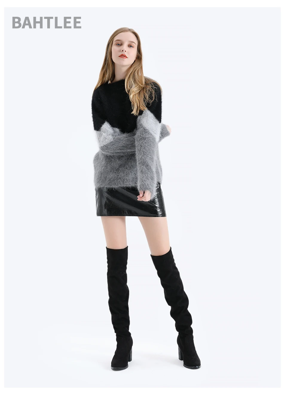 BAHTLEE Women Angora V-neck Pullovers Sweater Autumn Winter Wool Knitted Geometric Designs Jumper Long Sleeves Loose style