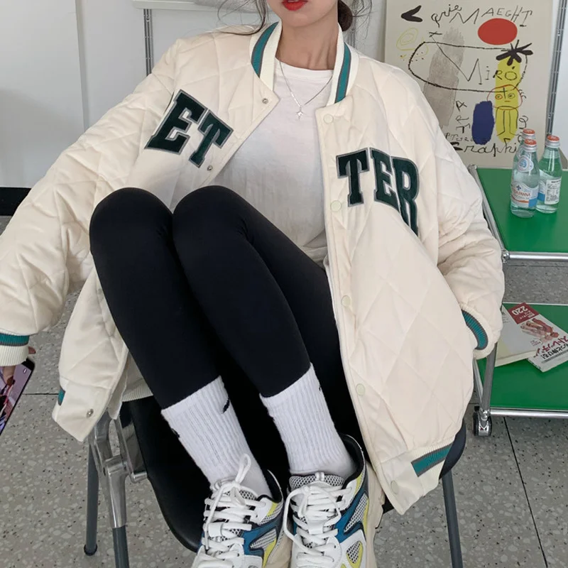 Lingge Cotton Padded Clothes Women's Autumn Winter 2021 Small Korean Loose Baseball Jacket Rac | Женская одежда