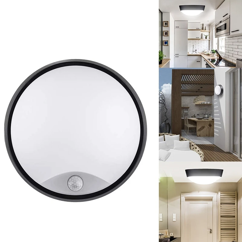 

10W LED Wall Ceiling Mounted Round Circular Bulkhead Light Fitting with Motion Sensor PIR for Indoor,Garden,Black