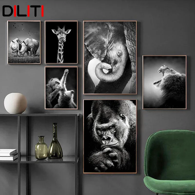 

Nordic Minimalist Wall Art Black White Africa Animal Canvas Painting Picture Modern Print Posters for Living Room Home Decor