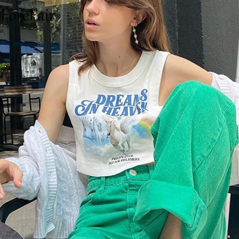 

Forefair Summer O Neck Basic Tank Tops Casual Sleeveless Print Ribber 2021 Off Shoulder White Fashion Vintage Sexy Crop Top Y2k