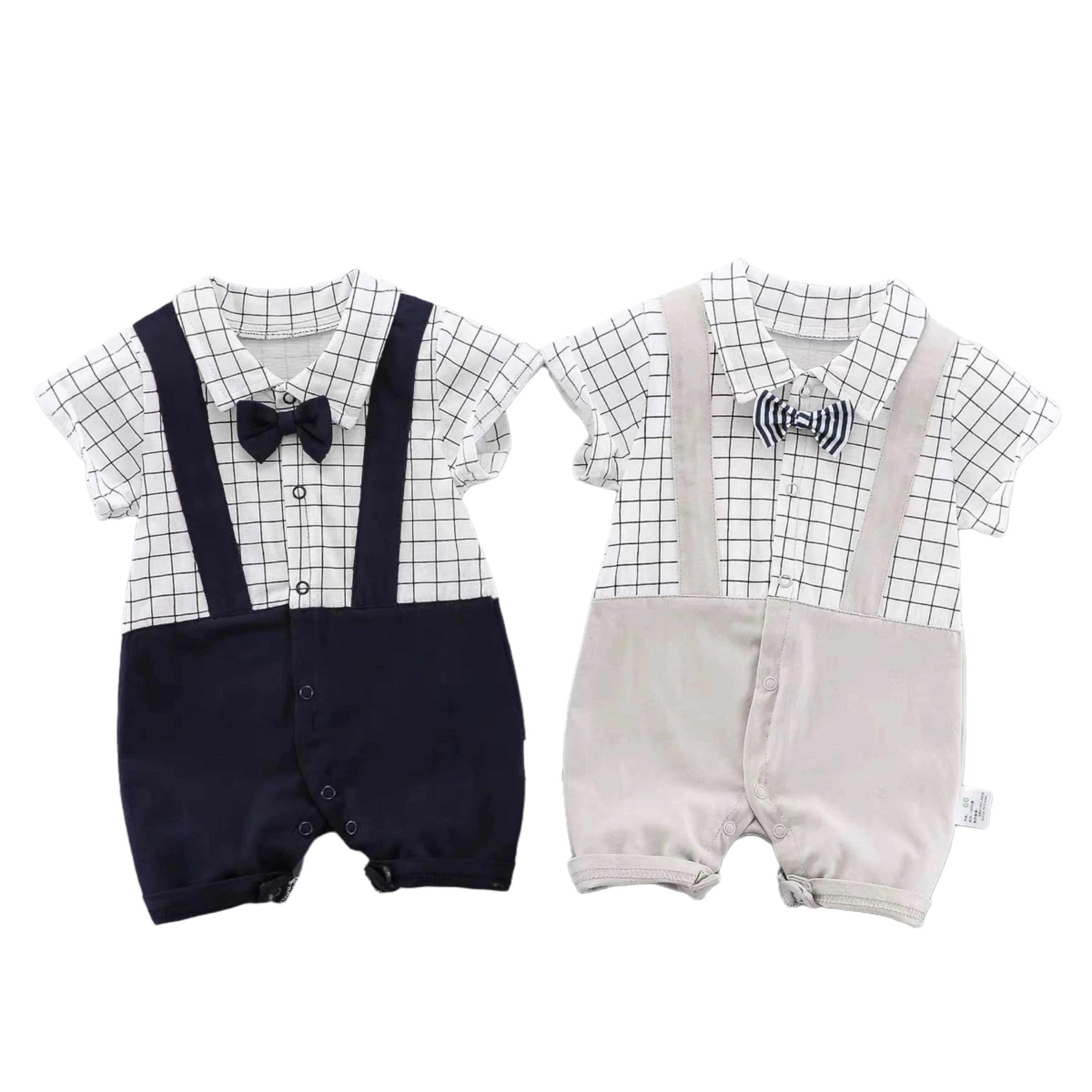 

Summer Newborn Baby Boys Romper Gentleman Short Sleeve Kids Toddler Jumpsuit Clothes Cotton Plaid Bow Tie Strap Infant Onesie